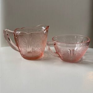 Vintage Pink Depression Glass Creamer and Teacup Jeanette Glass Cherry Blossom
